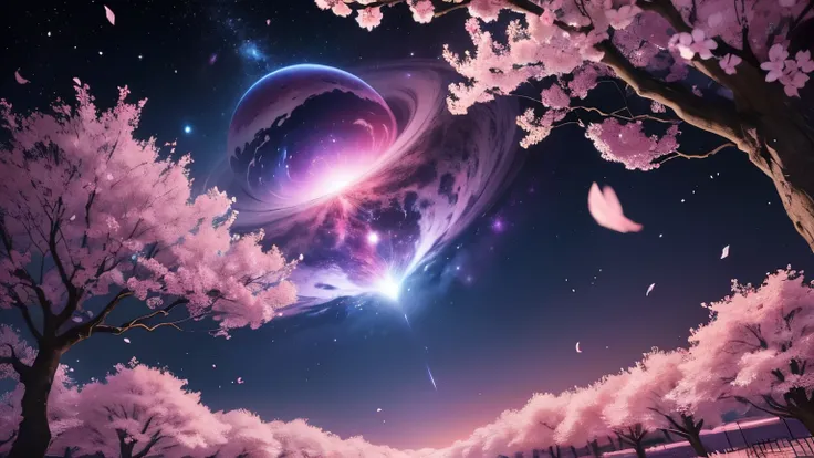 The infinitely expanding universe、Cherry blossom petals are falling。Random rise、In the foreground there is a large cherry tree in full bloom.、Its petals are scattered across space。A blue planet where you can see the Earth、The red and purple nebulae create ...