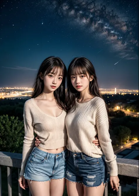 open plateau、Night Sky、Shining Star、Two women standing on a hill at night、A cute 16-year-old in a summer sweater and shorts、Slim body、Cowboy Shot、The bust is small、Long hair with bangs、（Firefly Light）、I can see the lights of the city in the distance、Sharp ...