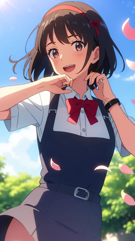 (masterpiece, best quality, high quality, highres, ultra-detailed), shinkai makoto, kimi no na wa., 1girl, bangs, black hair, blush, bright eyes, brown eyes, headband, looking at the viewer, red bow, red headband, red ribbon, dress, white dress, short hair...