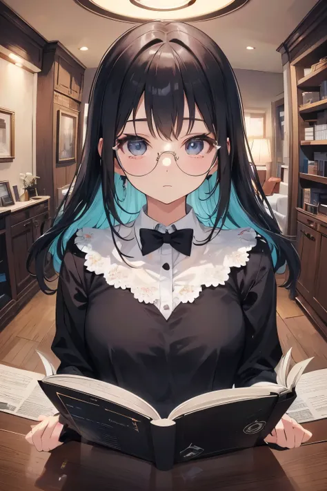 Glasses with a charming glow, framing captivating hazel eyes that twinkle with intelligence, exuding an aura of mystery and allure. (masterpiece), (best quality), ultra-detailed, (kawaii), cute, lovely, (sexy), (extremely detailed), 4K, 8K, best quality, b...