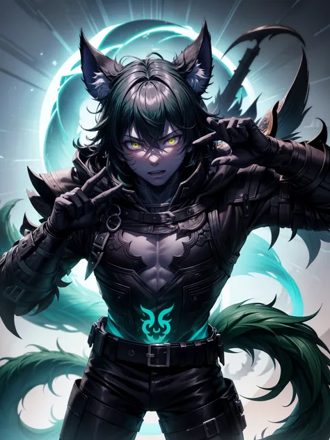 Cerberus (Fortnite)、Anthro、(male)、3 heads、ear、solo、Looking at the viewer、skull、Green Claws、Low Angle View、(Hand on chin)、((Black Face)) 、Abdominal muscles、((Glowing Eyes、Eyes in the Sky))Green Eyes、Upper Body、(Luminous body、Green body)、黒いtail、((tail))、(pan...