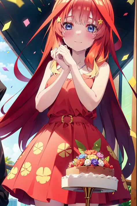 itsukinakano, Itsuki Nakano, bangs, blue eyes, Hair between the eyes, Ahoge, Redhead, star (symbol), hair ornaments, tiara,star hair ornaments,smile,blush,Red Dress,Long skirt,Red Pin Heel,Sleeveless,Exposing shoulders,Bare arms,Bare neck,bare clavicle,Hea...