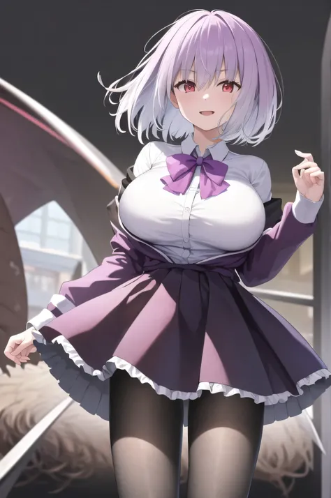 masterpiece, highest quality,best quakity, High resolution, Ah Akane, short hair, Red eyes, Large Breasts, Purple bow tie, Collared shirt, White shirt, Off the shoulder, Purple Jacket, Partially defrosted, Long sleeve, Sleeves are longer than the wrist, Pl...