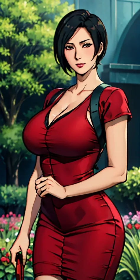 garden background, ada wong, anime cels style, best quality, high resolution, 1girl, (huge breasts:1.2), beautiful face, lipstick, cowboy shot of beautiful ada, looking at viewer, red dress, black hair, blush, short hair