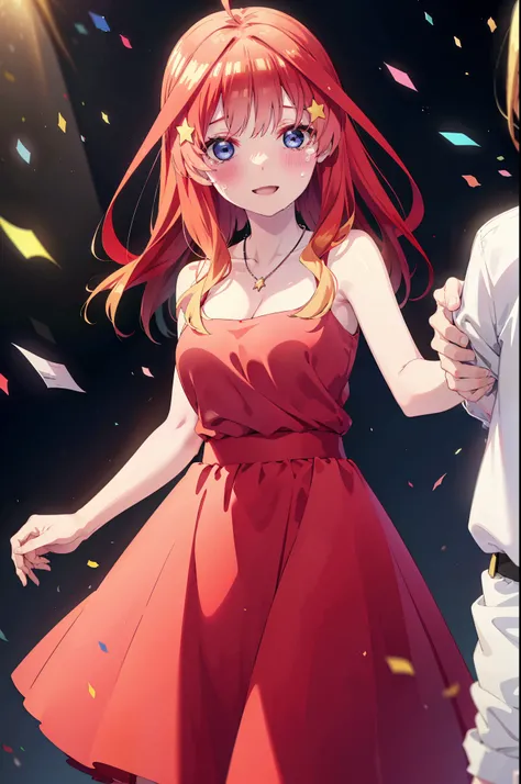 itsukinakano, Itsuki Nakano, bangs, blue eyes, Hair between the eyes, Ahoge, Redhead, star (symbol), hair ornaments, tiara,star hair ornaments,smile,blush,Red Dress,Long skirt,Red Pin Heel,Sleeveless,Exposing shoulders,Bare arms,Bare neck,bare clavicle,Hea...