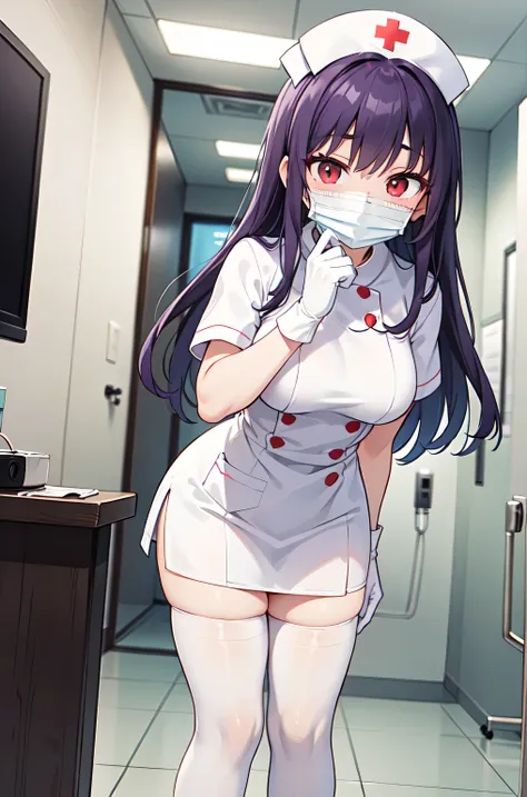 1woman, solo, nurse, white nurse cap, white nurse uniform, ((white legwear, zettai ryouiki)), white gloves, long hair, purple hair, red eyes, ((white surgical mask, covered nose)), standing, ((hospital room)), sharp outline, short sleeves, mature female, 3...