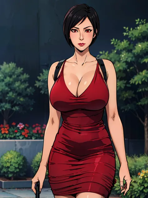 garden background, ada wong, anime cels style, best quality, high resolution, 1girl, (huge breasts:1.2), beautiful face, lipstick, cowboy shot of beautiful ada, looking at viewer, red dress, black hair, blush, short hair