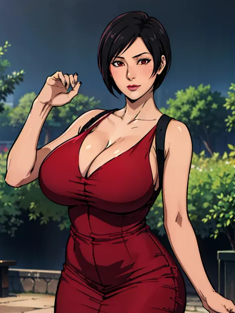 garden background, ada wong, anime cels style, best quality, high resolution, 1girl, (huge breasts:1.2), beautiful face, lipstic...