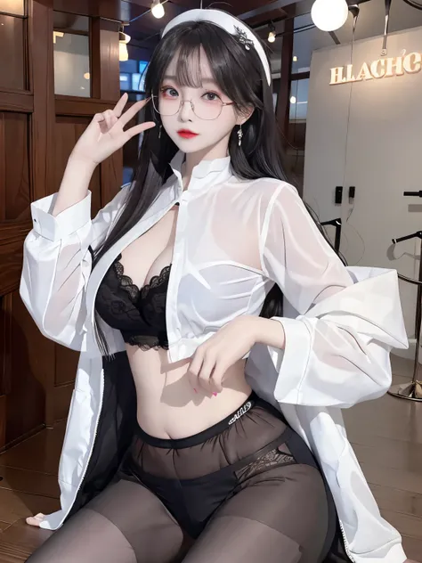 Top image quality、Raw photography、A high resolution、20-year-old cool Korean、big round chest、thin silk jacket、black lace underwear、Beautiful Eyes of Details、very elongated eyes、Beautiful eyelashes、Beautiful double eyelids、eyeshadows,long legs,medium thighs,...