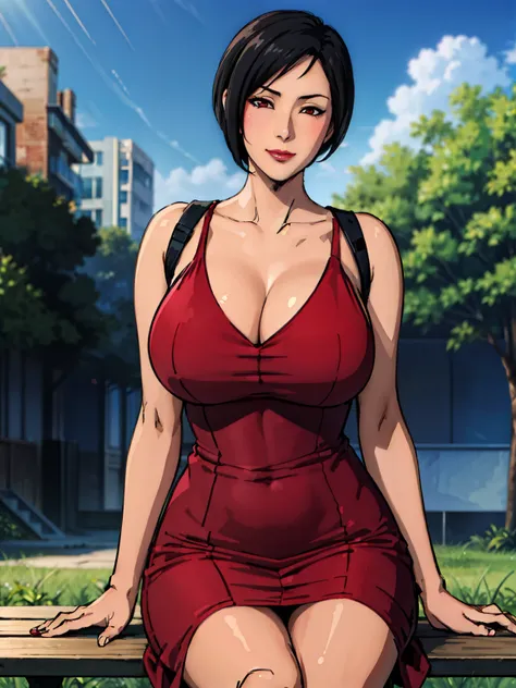 sitting on bench, sunny garden background, ada wong, anime cels style, best quality, high resolution, 1girl, (huge breasts:1.2), beautiful face, lipstick, cowboy shot of beautiful ada, looking at viewer, red dress, black hair, blush, short hair, light smil...