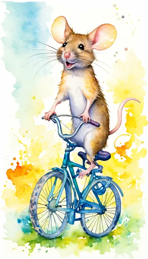 a mouse riding a bicycle, funny, funny mouse, bicycle, animal, no_humans, mouse, riding, animal_focus, from_side, day, modern art, painting, drawing, watercolor, psychedelic colors