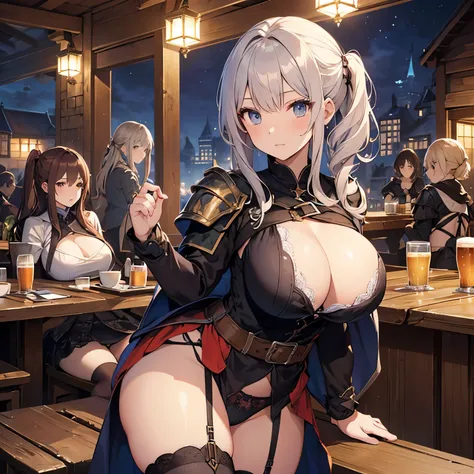 A group of female adventurers set in a medieval fantasy world, (At the pub), Mr.々Hair style, Harem, night, Detailed aspect, Short skirt, Seduce, No sleeve, armor 、showing off panties、Huge Breasts、Big Ass、wide waist width、Pulling up her skirt