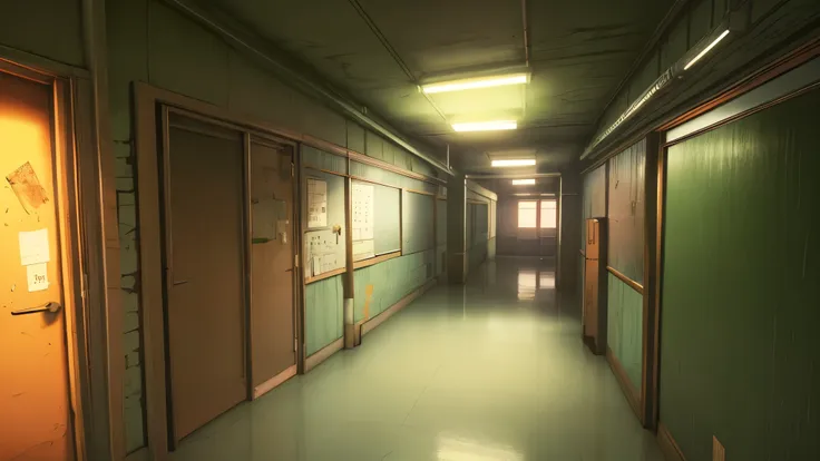 anime, high res, 4k, 8k, visual novel background, cg background, empty school hallways, neon signs on the walls, classroom doors...