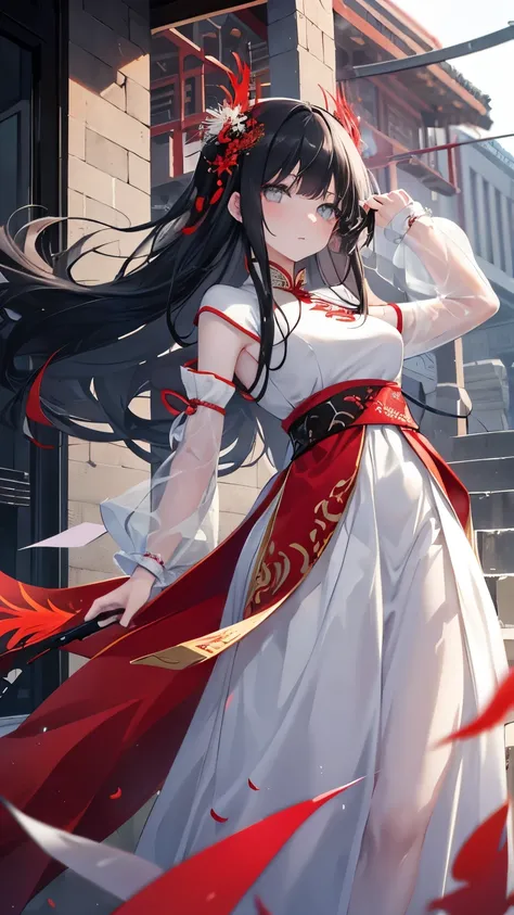 ,Girl,Best image quality,,Black Hair,,Grey Eyes,,White skin,Long Hair,Straight Hair,Western-style building,Climbing Dragon,Red spider lily,White Chinese Dress,,,,