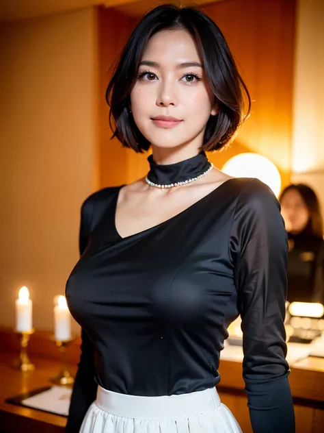 (highest quality, 8k, 32k, masterpiece, Ultra-high resolution:1.2),Beautiful Japanese Women Photos, Standard body type、（D cup breasts:1.4), Very short bob hair,Upper Body,Face Focus,（black formal blouse：1.4）、（black ruffle blouse:1.6）,（Pearl Necklace:1.4), ...