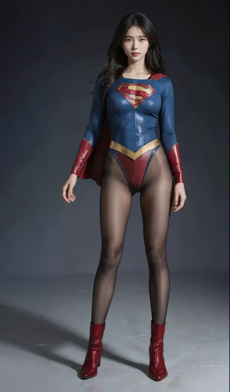 No background、(((Beautiful legs in black tights.)))、(((Legally express the beauty of your smile)))、((((Make the most of your original images)))、(((Supergirl Costume)))、(((Beautiful Hair)))、(((suffering)))、(((Please wear black tights....、Wear red boots)))、(...