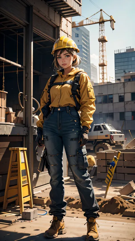 Girl at the construction site, wear long sleeve shirts, cargo pants, Helmet, Safety harness for working at height, and holding a Powerful methods in her hand.

(High resolution,4K,highest quality:1.2),Very detailed,(Realistic:1.37),Large-scale construction...