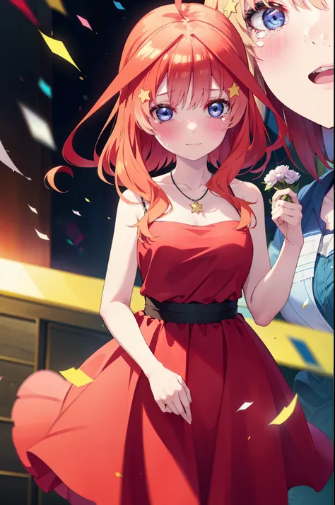 itsukinakano, Itsuki Nakano, bangs, blue eyes, Hair between the eyes, Ahoge, Redhead, star (symbol), hair ornaments, tiara,star hair ornaments,smile,blush,Red Dress,Long skirt,Red Pin Heel,Sleeveless,Exposing shoulders,Bare arms,Bare neck,bare clavicle,Hea...