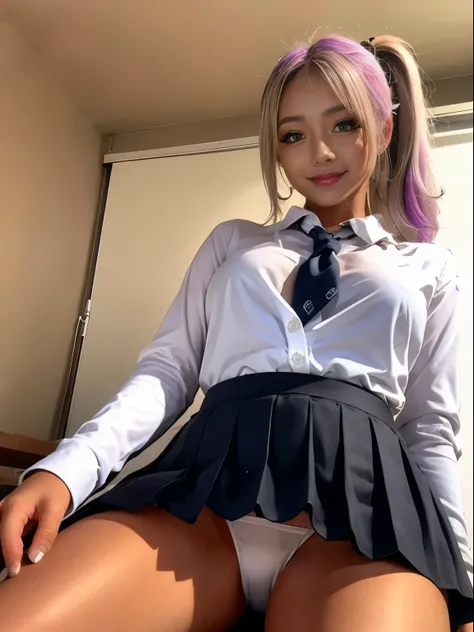 (masterpiece, highest quality),1 girl, 15 years old、alone, Arm Support, From below, Ass Focus, Backward shot, View your viewers,Break Girl, ,White collared shirt, Long sleeve, Black Skirt, White thong panties, Lace panties, Pink Hair, ponytail, Purple eyes...