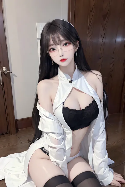 Top image quality、Raw photography、A high resolution、20-year-old cool Korean、big round chest、thin silk jacket、black lace underwear、Beautiful Eyes of Details、very elongated eyes、Beautiful eyelashes、Beautiful double eyelids、eyeshadows,long legs,medium thighs,...