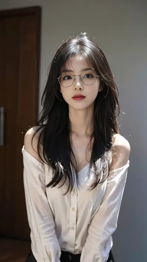 A perfect young female white-collar worker，Chinese，High picture quality，Works of masters，Black hair，Long hair flowing over the shoulders, Wear glasses and a cap, Blured background，outside, deep shadow, Real Human，CG rendering，16k，Stand up，Empty interior，Do...