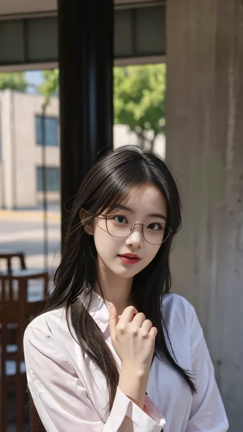 A perfect young female white-collar worker，Chinese，High picture quality，Works of masters，Black hair，Long hair flowing over the shoulders, Wear glasses and a cap, Blured background，outside, deep shadow, Real Human，CG rendering，16k，Stand up，Empty interior，Do...