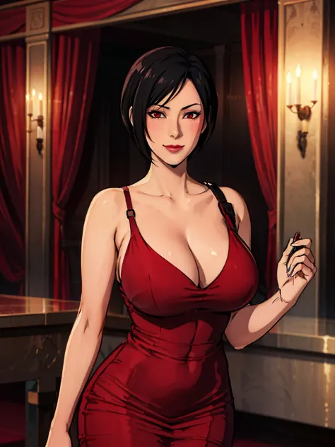 red carpet, chandelier, gala night background, glamorous room, crowded, ada wong, anime cels style, best quality, high resolution, 1girl, (huge breasts:1.2), beautiful face, lipstick, cowboy shot of beautiful ada, looking at viewer, red dress, black hair, ...