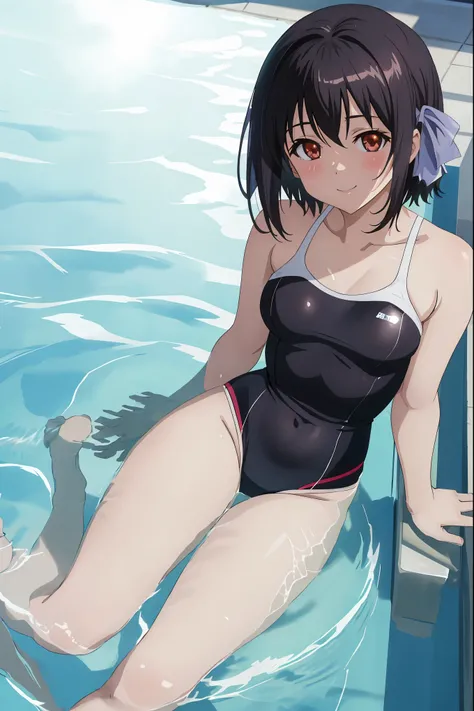 [anime styled]],[[digitalart]],nsfw,Tomomi_saikyou,black hair,Short hair,bob cut,hair ribbon,midium build,separate swimming wear,pool side,sitting,soak a foot in water,summer,1girl in,short torso,anime screen cap,cel shading,smile, (strong light)、((brighte...