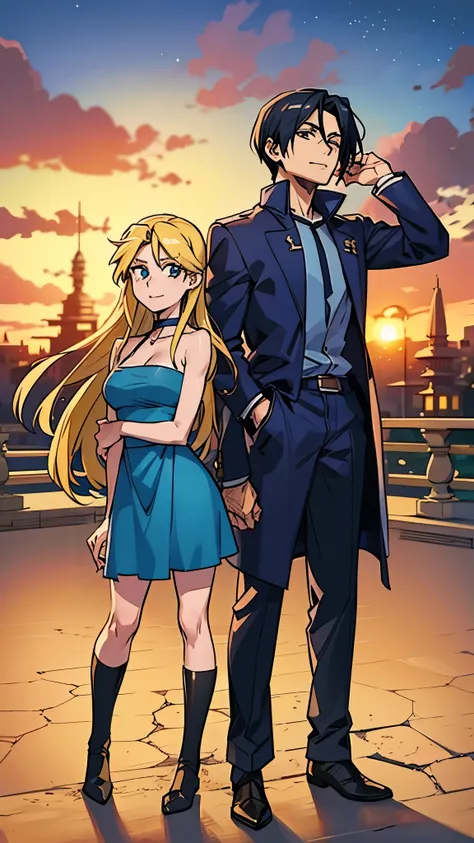 Roy mustang and winry Rockbell (From Fullmetal alchemist brotherhood anime tv series) Standing At marble garden