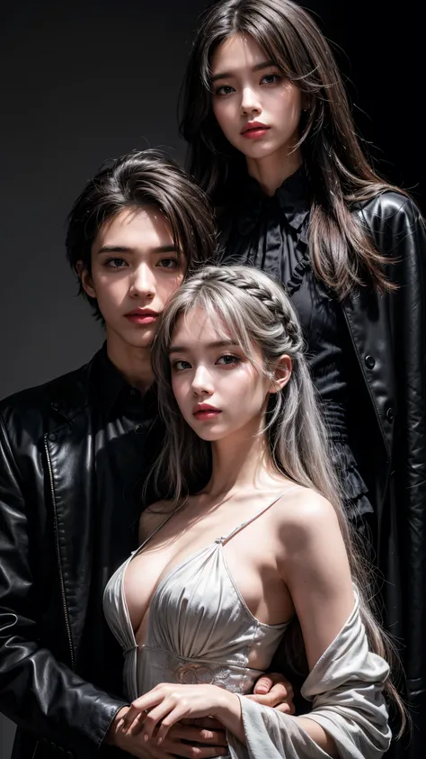 masterpiece, Superb Fashion, (Fashion Costume), (illustration), (2 people), Handsome Young Couple, (Mill Style), Fashion, Silver Hair, (Long hair), (Messy hair), (White skin), (Dark circles), Handsome, Dance steps, trend, Dark Gray,, close up, (Background)...