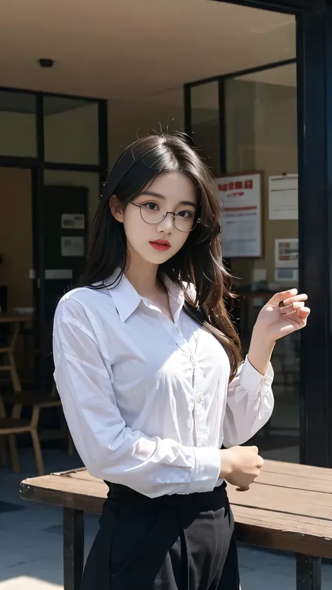 A perfect young female white-collar worker，Chinese，High picture quality，Works of masters，Black hair，Long hair flowing over the shoulders, Wear glasses and a cap, Blured background，outside, deep shadow, Real Human，CG rendering，16k，Stand up，Empty interior，Do...