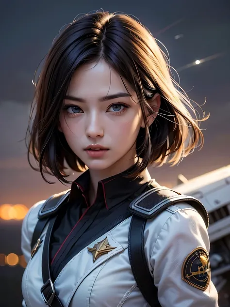 ((masterpiece、highest quality、Genuine、Very detailed、High resolution、Sharp focus、Photorealistic、Cinematic lighting))、Natural and realistic colors、((1 girl、Bust Shot))、Official Art、SF Movies、Adult female, Age 25、Dark blue eyes、Black bob short hair、uniform、Fo...