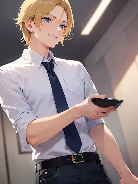 (looking away:1.5), masterpiece、highest quality、(25-year-old male:1.5) and (Blonde short hair) and (blue eyes) , (White shirt) and (Blue tie)、grin、open mouth, The background is the office、(Alone:1.5)、Upper body is shown、Are standing