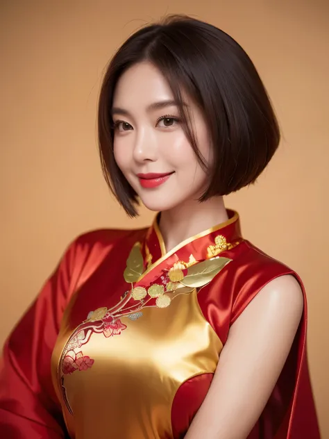 One Girl,Shrubs,Girl Girl,China dress,Red Chinese clothing,Blunt haircut,(masterpiece:1.4),(highest quality:1.4),(Oily, Shiny skin),Red lips,Looking at the audience,Big Breasts,Cleft lip, Upper Body,（A kind smile：1.5）