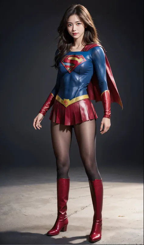No background、(((Beautiful legs in black tights.)))、(((Legally express the beauty of your smile)))、((((Make the most of your original images)))、(((Supergirl Costume)))、(((Beautiful Hair)))、(((suffering)))、(((Please wear black tights....、Wear red boots)))、(...