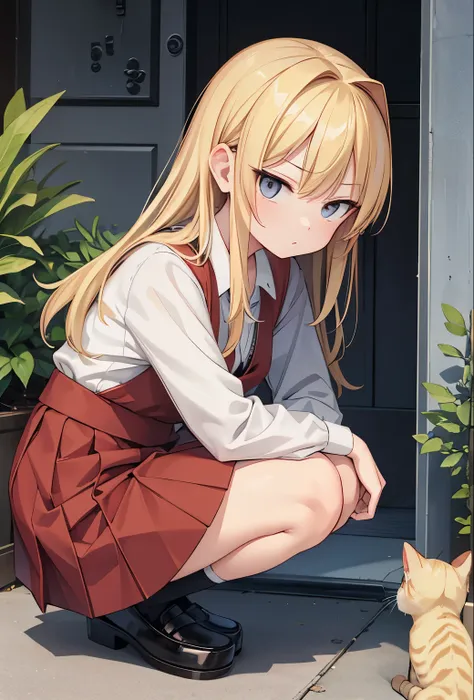 masterpiece, best quality, extremely detailed, anime, ,((Yankee girl)), ((squatting)), , glaring, skirt, blonde hair,with kitty