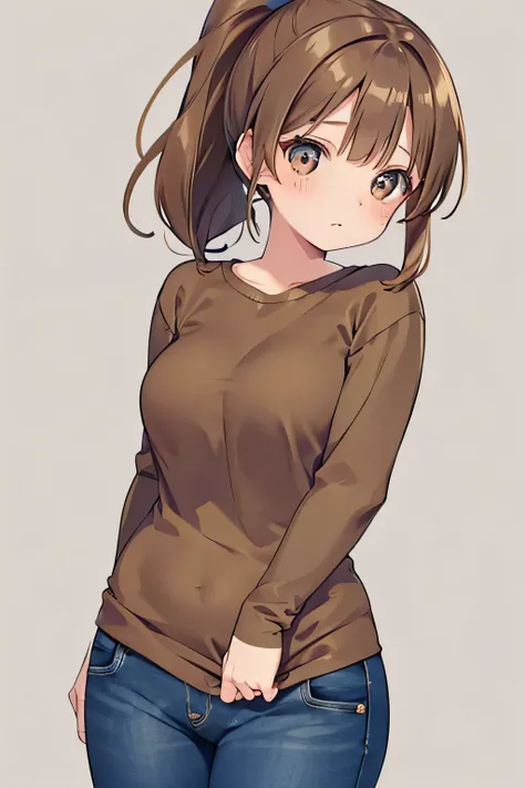 anime,Brown haired woman,Woman with short ponytail,Brown eyes,Body type is slightly chubby,Her breasts are small,Small ,Small breasts,White sweater and jeans