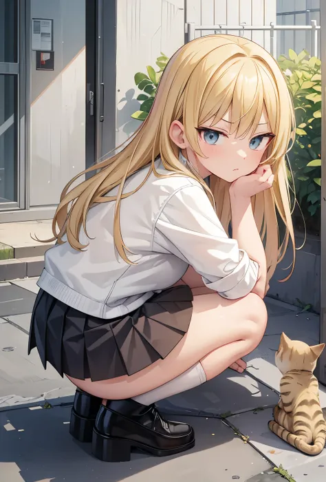 masterpiece, best quality, extremely detailed, anime, ,((Yankee girl)), ((squatting)), , glaring, skirt, blonde hair,with kitty
