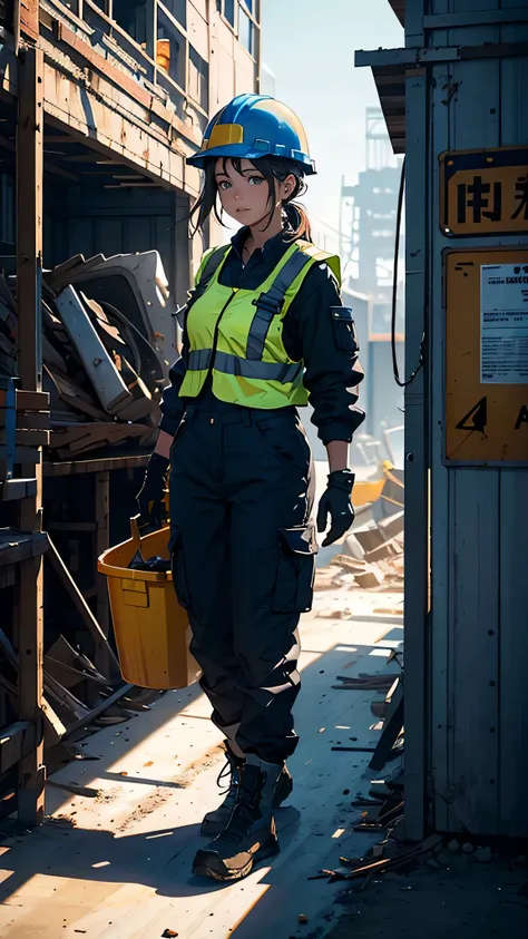 Girl at the construction site, wear long sleeve shirts, cargo pants, Helmet, and holding a Powerful methods in her hand.

(High resolution,4K,highest quality:1.2),Very detailed,(Realistic:1.37),Large-scale construction site,Professional,Industrial Lighting...