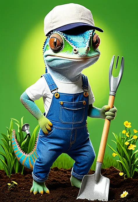 Cute 2d farmer chameleon in overalls and hat holding a garden shovel. Que parezca un dibujo tradicional.