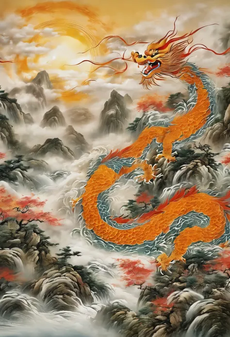 (masterpiece, best quality: 1.2)针织mountain水画，river，mountain，sun，chinese dragon in the clouds