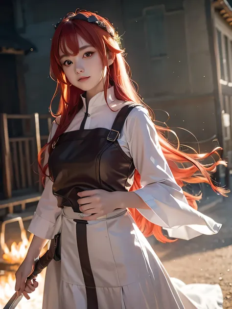 1girl, eris greyrat, red eyes, pretty , smile, red head, white clothes, realistic clothes, detail clothes, village background, holding a sword,  blood splatter, depth of field, night, red light particles, light rays, sid e lighting ,Best Quality, High reso...