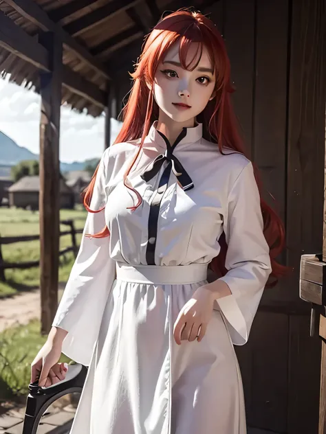 1girl, eris greyrat, red eyes, pretty , smile, red head, white clothes, realistic clothes, detail clothes, village background, holding a sword,  blood splatter, depth of field, night, red light particles, light rays, sid e lighting ,Best Quality, High reso...