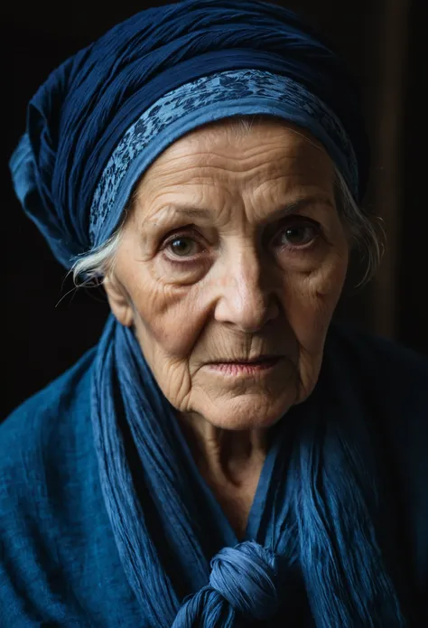 (Deeply wrinkled skin:1.3), (elderly woman:1.2), (penetrating gaze:1.1), blue headwrap, textured face, (rich storytelling:1.2), portrait, (soulful eyes:1.1), dark background, natural light, high detail, (strong character:1.2), Canon EOS 5DS, 1/180s, f/3.5,...