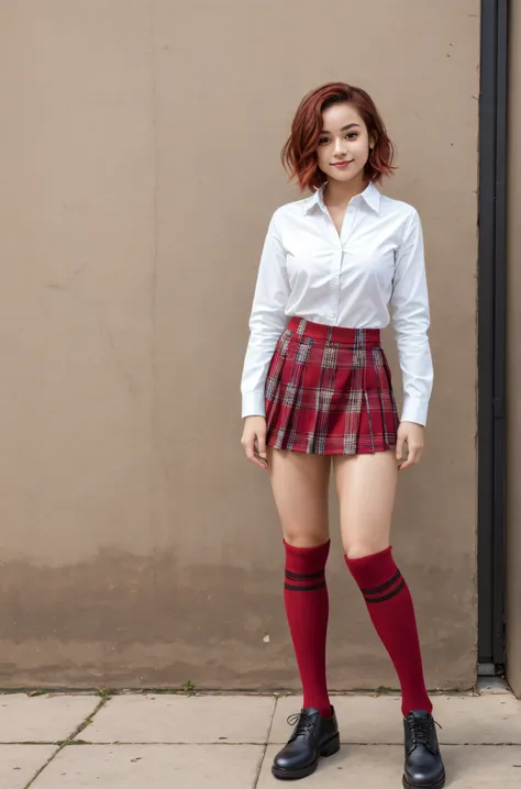 (masterpiece, best quality), 1girl, latinx skin tone, 18 y.o, short red hair, catholicschoolgirl, white button-down shirt, red  ...