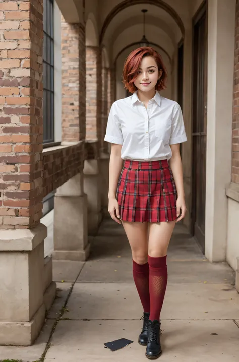 (masterpiece, best quality), 1girl, latinx skin tone, 18 y.o, short red hair, catholicschoolgirl, white button-down shirt, red  plaid skirt, knee socks (full body:1.3)