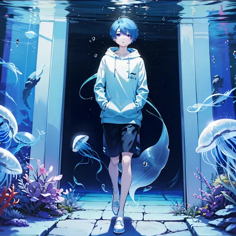 masterpiece, best quality, full body, (((1boy))), (Wear a jellyfish hoodie), (blue hair), ((solo)), fashionable,Under water, (in side tunnel aquarium),