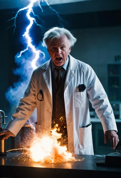 photo of a mad scientist in a lab, scene from a movie, dramatic lighting, glowing liquid, explosion , fire, lightning , close up...