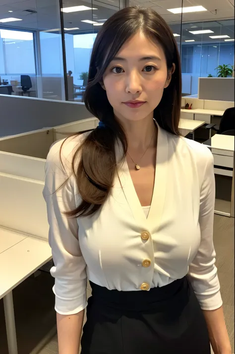 ((highest quality)), ((masterpiece)), (become close), office worker　Japanese women　35 years old, married、　Office Casual Hairstyles　Cafe　Marunouchi Office Lady、Large Breasts、