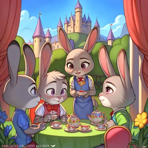 By chelodoy, Judy Hopps, young, alice in the wonderland, teatime, rainbow, castle on the background, 